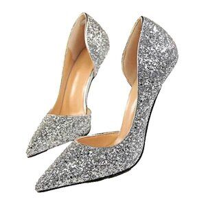 Annaili All Over Glitter Stiletto Silver Mirror Heels Sequin Pumps Shoes Size 38